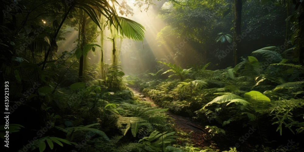 Sunbeam Piercing Through Dense Jungle Foliage - AI Generated