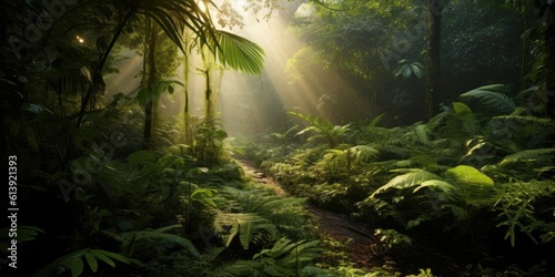 Sunbeam Piercing Through Dense Jungle Foliage - AI Generated