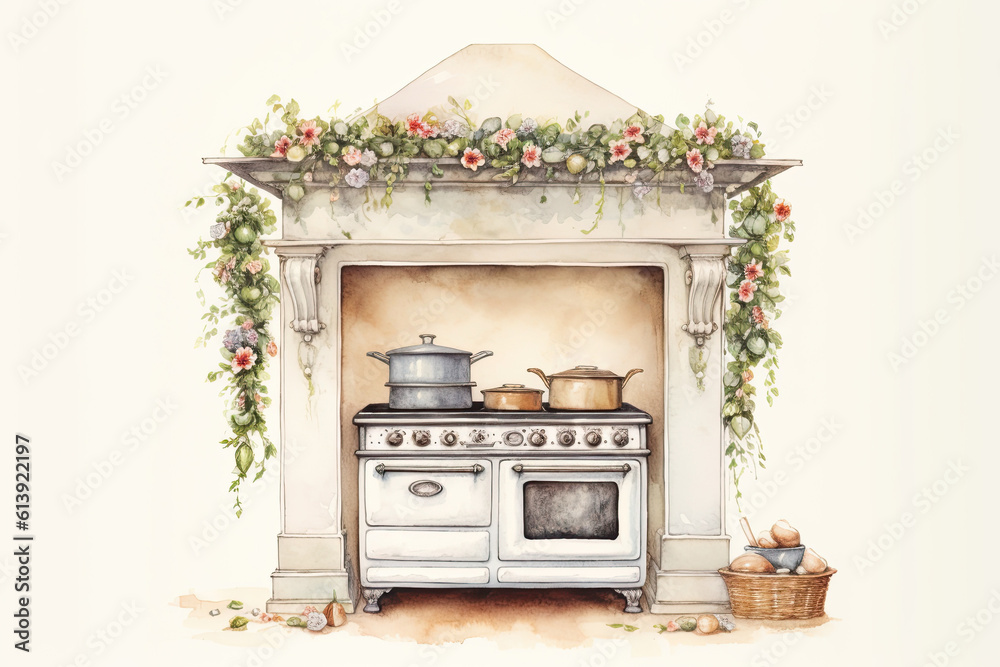 Beautiful old-fashioned range cooker, set back in an alcove, with a flower garland draped across the mantle. Watercolour style. Beautiful old-fashioned range cooker, set back in an alcove, with a flower garland draped across the mantle. Watercolour style.