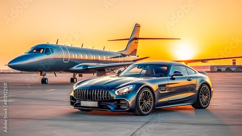 luxury transport for rich people, limo and private jet, made with Generative AI
