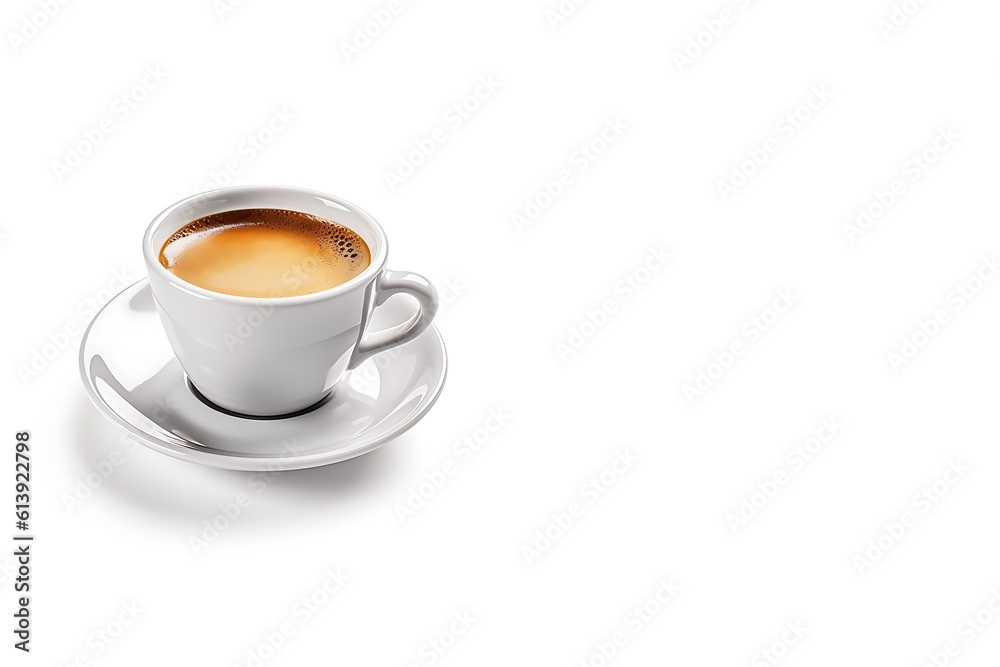 A cup of coffee or espresso on a white background with copy space. Generate AI A cup of coffee or espresso on a white background with copy space. Generate AI