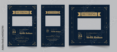 Set of retirement party invitation, square banner, instagram story and a4 poster, vector illustration eps 10