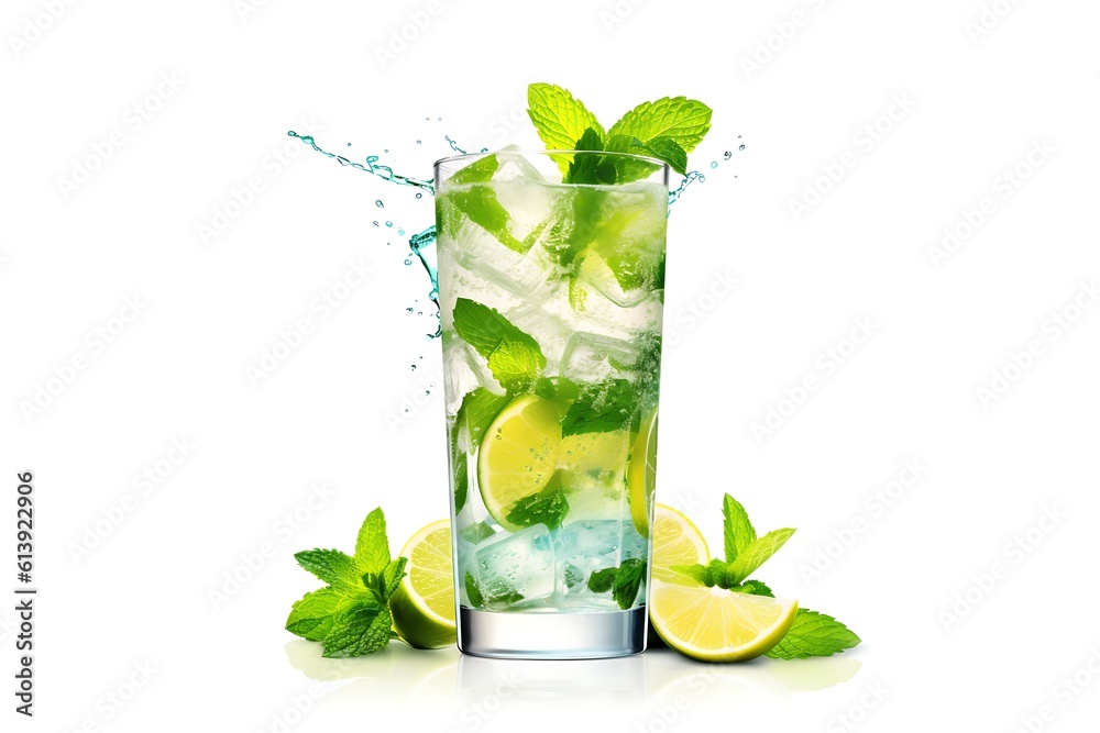 Glasses of fruit drinks with ice cubes, mojito cocktails with strawberry and lime fruits, and a refreshing summer drink. Generate AI Glasses of fruit drinks with ice cubes, mojito cocktails with strawberry and lime fruits, and a refreshing summer drink. Generate AI