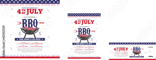 set of independence day bbq invitation, square banner, instagram story and a4 poster for 4th of july barbecue party, vector illustration eps 10
