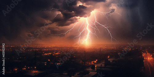 Lightning over the city  panorama. AI Generative