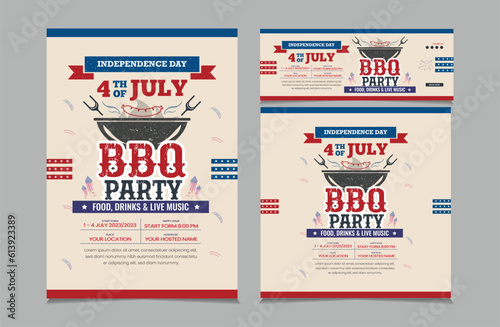 set of independence day bbq invitation, square banner, instagram story and a4 poster for 4th of july barbecue party, vector illustration eps 10
