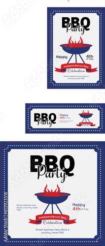 set of independence day bbq invitation, square banner, instagram story and a4 poster for 4th of july barbecue party, vector illustration eps 10
