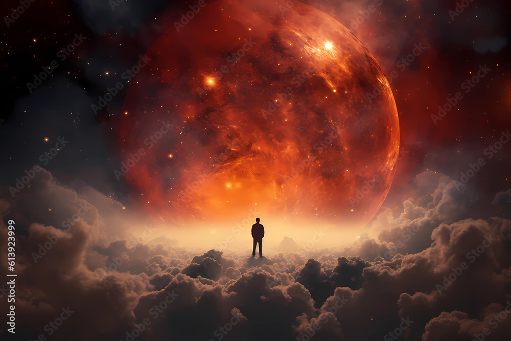 man looking up into space and showing the red world