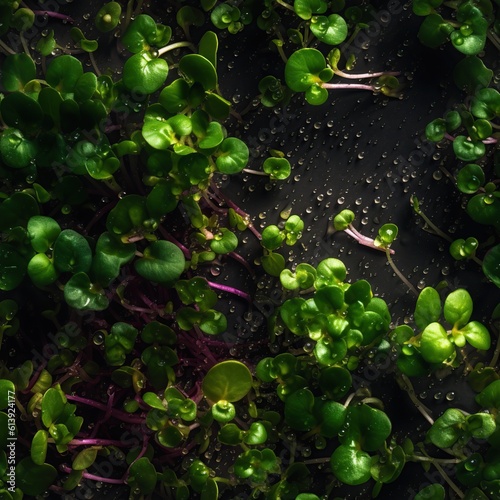 Seamless pattern with fresh and young micro greens. Microgreen sprouts endless texture. Organic vitamin food background. AI generative image.