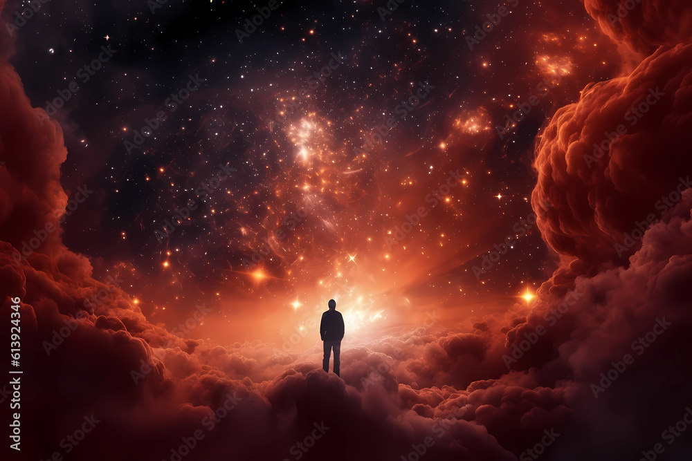 man walking on the cloud in the night sky and starry sky