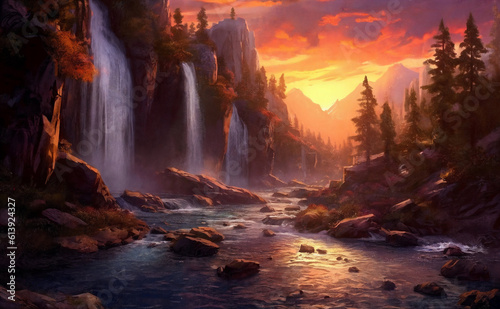 Fantasy landscape with waterfalls  sunset panorama. Generative AI