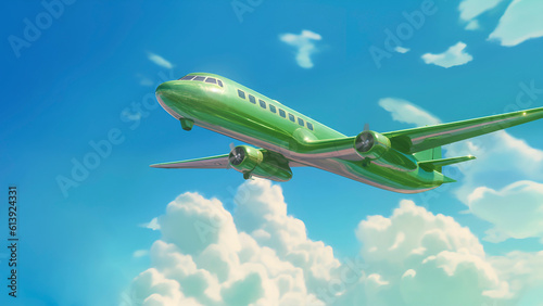 Green plane flies in the sky. Image generated by AI.