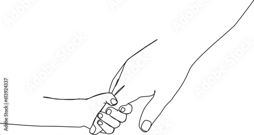 continuous single line drawing of child holding finger of mothers hand, line art vector illustration