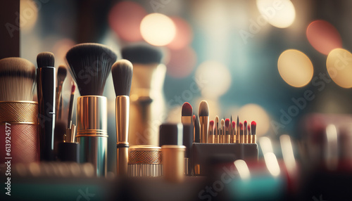 Photo Abstract banner with make-up brushes and decorative cosmetic products on blurred background