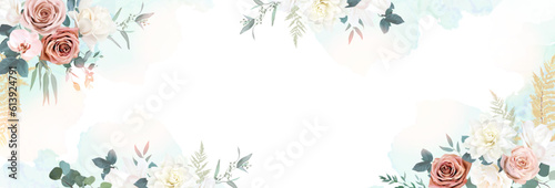 Silver sage and blush pink flowers vector design frame. Dusty rose, magnolia, dahlia, orchid, pampas grass, greenery