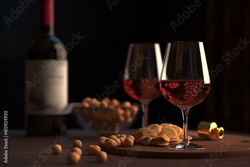 Wine with a snack, Background with selective focus generative AI technology