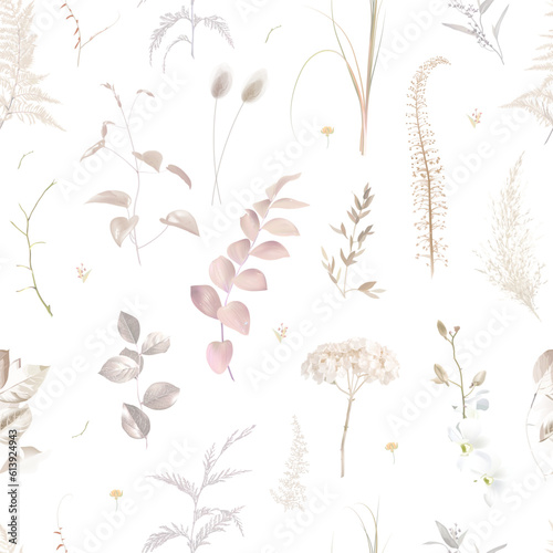 Boho beige and blush trendy vector design seamless print. Pastel pampas grass, ivory hydrangea, creamy orchid