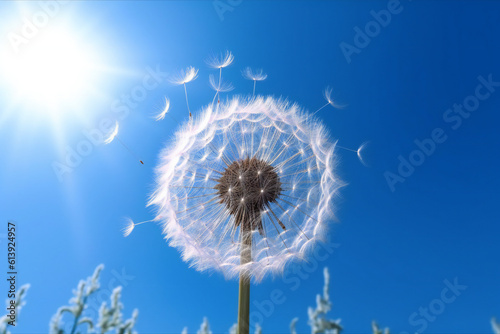 Sunlit Dandelion with Blue Sky and Clouds in Background.