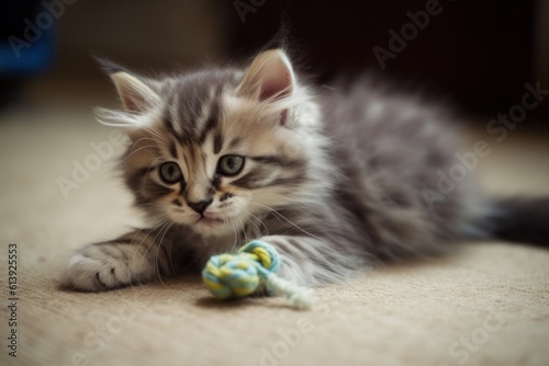 A fluffly baby cat playing with a toy
