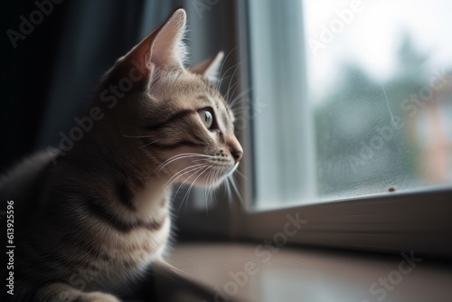 A baby cat perched on a windowsill staring outside