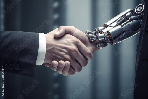 Shaking hands with the future: human and AI collaboration. Man and robot on background of huge data center.