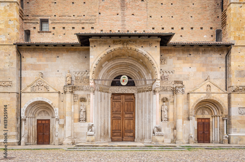 Romanesque portal of the Fidenza Cathedral, province of Parma, region of Emilia Romagna, Italy