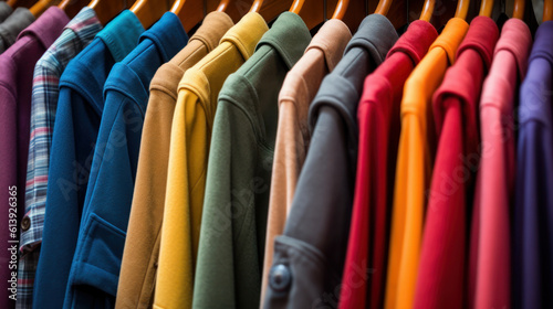 row of colorful coats and shirts hanging on racks. clothing wardrobe. generative ai