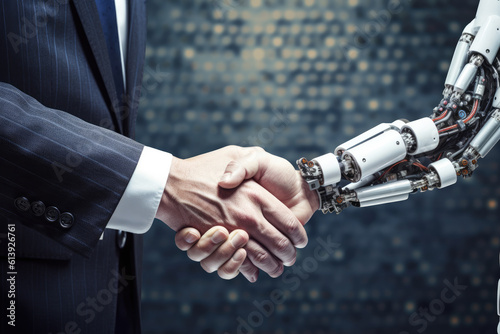 Shaking hands with the future: human and AI collaboration. Man and robot on background of huge data center.