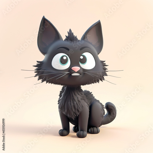 cartoon cat,black cat,isometric black cat long fur big ears a little chibby