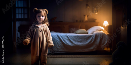 Child in pajamas holding a plush toy and standing in the middle of a room illuminated by moonlight