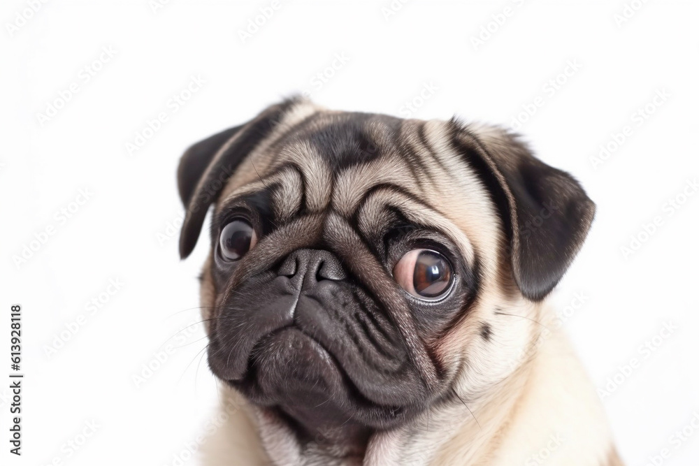 Portrait of pug dog on white background. 