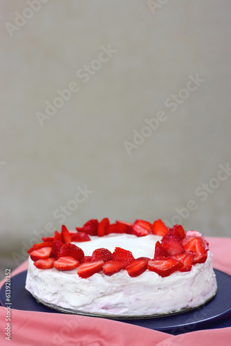 Homemade strawberry and cream sponge cake. Selective focus.