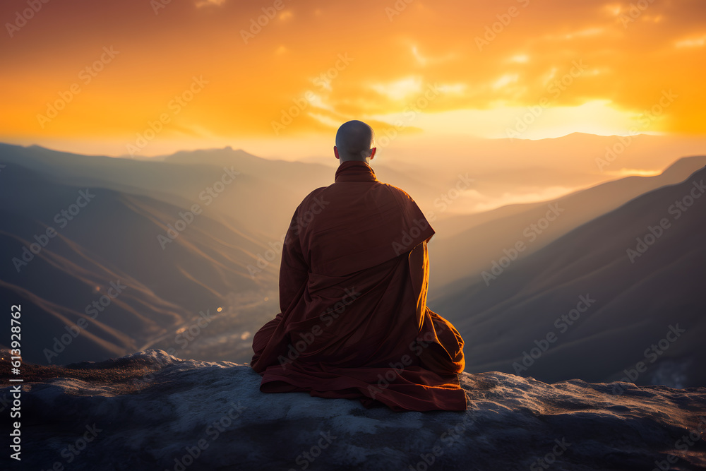 Fototapeta premium Serene Buddhist Monk Meditating on Mountain Top - Generative AI