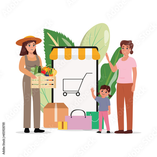 Grocery online. Family getting delivery of vegetables from the farmer. Organic food.