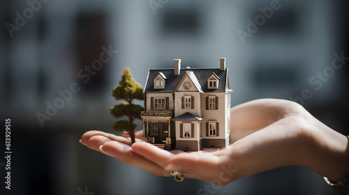 Woman holds a small model of a house in the palm of her hand in backdrop of real new house.Created with Generative AI technology.