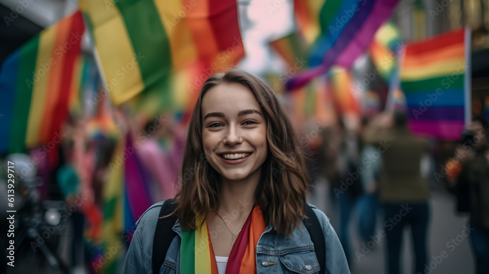 Happy young woman on the LGBT parade.Created with Generative AI technology. Happy young woman on the LGBT parade.Created with Generative AI technology.