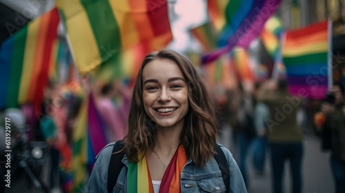 Happy young woman on the LGBT parade.Created with Generative AI technology.