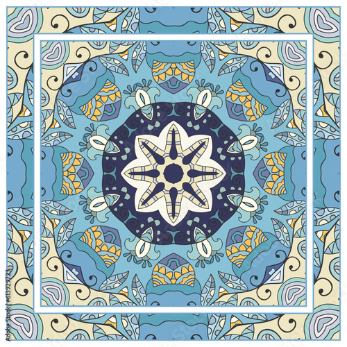  Hand drawn artistic background. Seamless pattern with ornate frame border, doodle floral ornament. Bandana shawl, tablecloth fabric print, silk neck scarf, kerchief design. Vector illustration