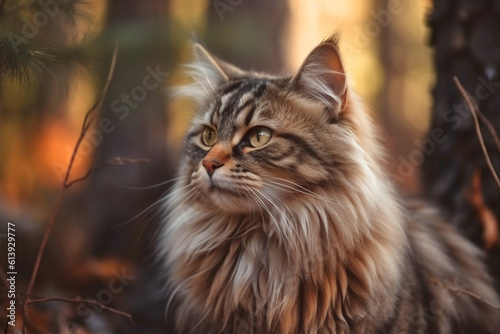 Siberian Forest Cat in forest. 