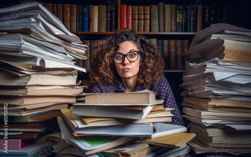 Student young woman surrounded by books prepares for exams and has a funny stressed and desperate look