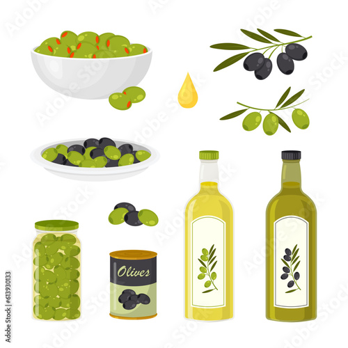 Set of olive product. Bottle or packaging design. Olives oil. Traditional mediterranean products. Vector illustration in trendy flat style isolated.