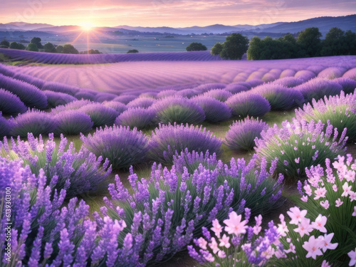 Generative Ai, AI Generated art, Beautiful Lavender Flower Field, beautiful view of lavender flower field, charming lavender garden, blooming flower view, close up beautiful flower field view