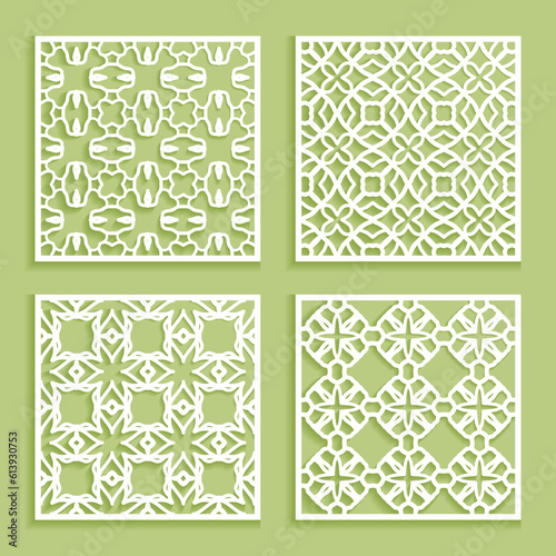 Templates for laser cutting, plotter cutting, printing. Square line patterns set. Geometric design cut out of paper. Mandala Islamic die cut ornament. Fretwork panels, cutout silhouette stencils