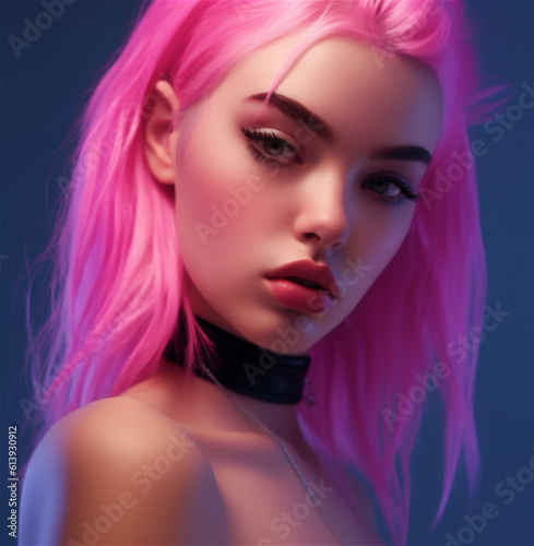 Close up portrait of a gen z young woman with pink hair, ai generated