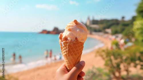 hand with ice cream and summer beach background, generative ai