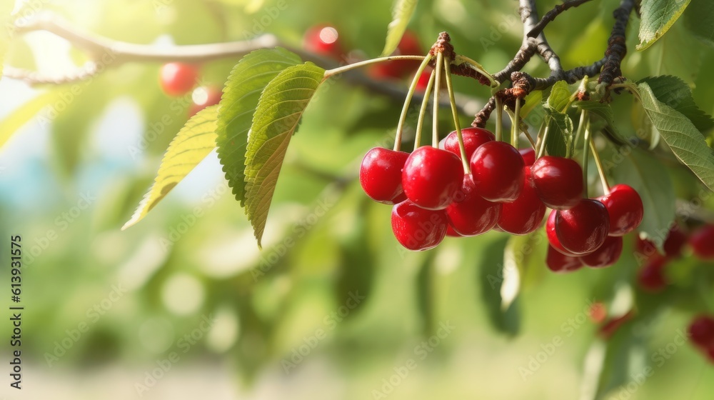 branch with cherries in the foreground with agricultural field background, ai generative branch with cherries in the foreground with agricultural field background, ai generative