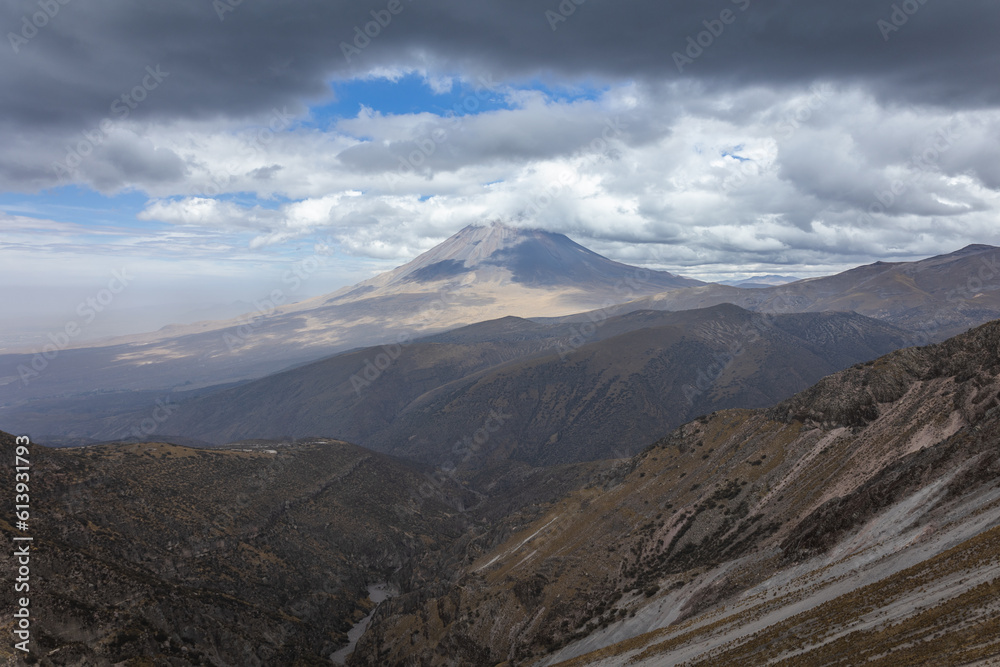 A high angle view of the diverse landscape surrounding Misti Volcano in Arequipa, Peru