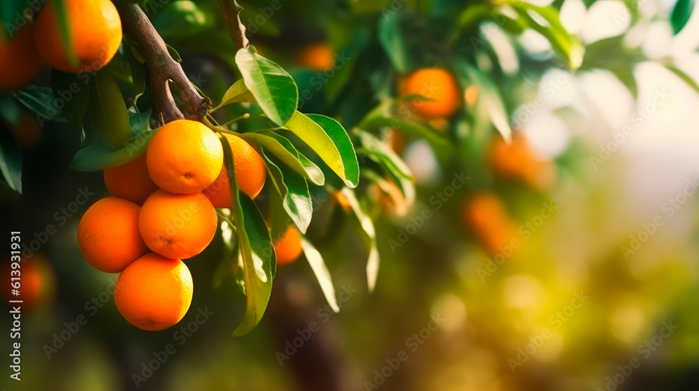 orange tree in foreground with farm field background, generative ai