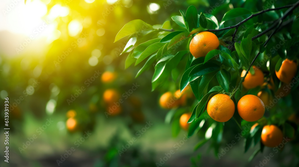 orange tree in foreground with farm field background, generative ai