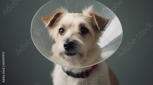 Portrait of cute dog wearing Elizabethan collar, protective plastic vet cone. Domestic animals health care banner with copy space. AI generative image.